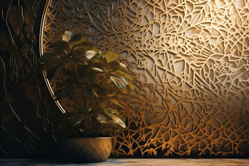 Elegant leafy wallpaper with gold accents and sunny circle design. Perfect for decor and art. Generative AI