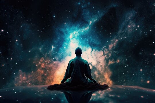Man in meditation pose. Enlightenment psychic wave transcendence of consciousness generative ai
