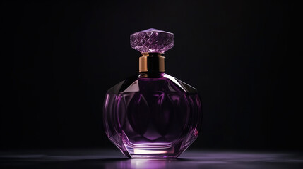 Purple perfume bottle on a dark background with copy space. AI