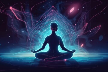 Man in meditation pose. Enlightenment psychic wave transcendence of consciousness generative ai