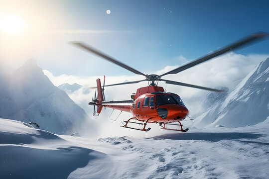 Rescue helicopter flying in a snowy landscape. Neural network AI generated art