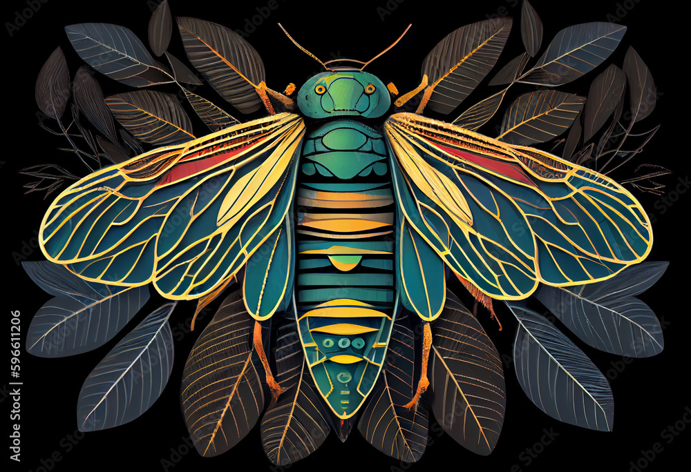 Poster beautiful abstract illustration of an cicada insect background. generative ai technology.