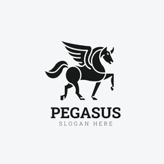 Pegasus Logo Design Horse Vector Art, Simple Black Silhouette Animal Mascot Template