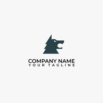 Vector logo of pine tree and wolf head. Creative logo design for outdoor company.