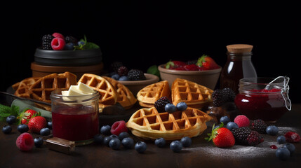 Delicious Belgian waffles with berries, fruits, whipped cream and various sweet fillings.Generative AI