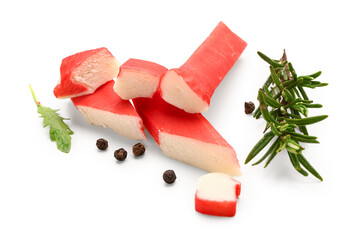 Tasty crab sticks and rosemary on white background © Pixel-Shot