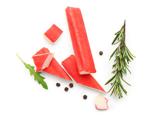 Tasty crab sticks and rosemary on white background © Pixel-Shot