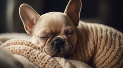 Tiny Puppy Squinting, Settling Down to Sleep on a Comfortable Soft Background. AI Generative