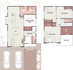 レイヤー分けで使いやすいガレージ付き2階建て戸建住宅の間取り