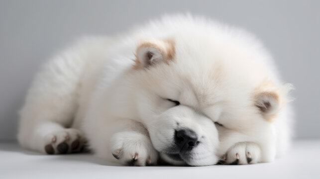 Resting White Chow Chow Puppy: Realistic Sleeping Dog Illustration on Light Backdrop. AI Generative