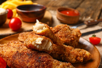 Plate of tasty fried codfish on wooden background, closeup