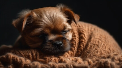 Sleepy Little Puppy Closing Eyes on Soft and Cozy Background. Adorable Tired Pet. AI Generative