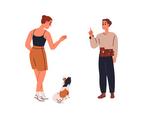 Canine trainer teaching dog owner to give command, gesturing to puppy. Professional doggy specialist training puppy. Obedience education. Flat graphic vector illustration isolated on white background