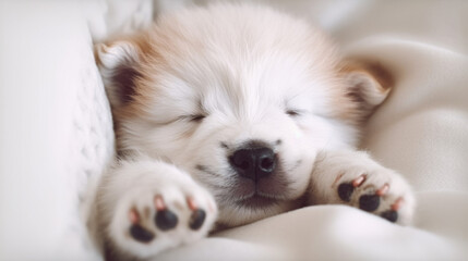 Adorable White Puppy Sleepping with Eyes Closed and paws Up on Cozy, Soft Background. AI Generative
