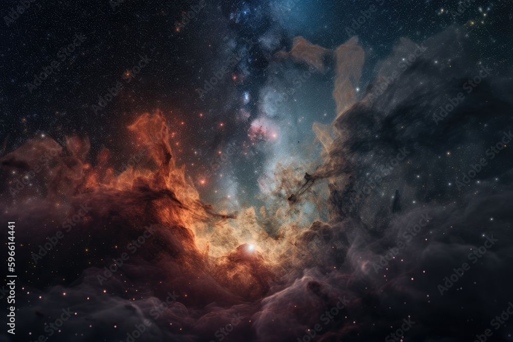 Poster close-up of swirling galaxy with stars and nebulae visible, created with generative ai