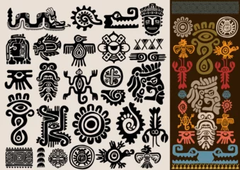 Fotobehang Mexican gods symbols. Set of aztec animal bird totem idols, ancient inca Maya civilization primitive traditional signs. Vector collection Mexican colors. Indigenous culture symbols and mythic rituals. © Anatoliy