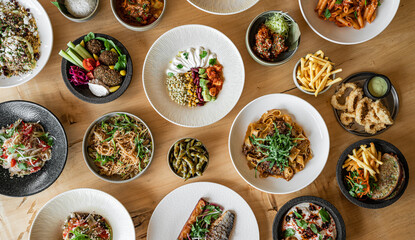 Superfoods, vegetables, fruits, seeds, legumes, nuts and grains for vegan and vegetarian eating. Clean eating. Detox, dieting food concept. Top view . dinner