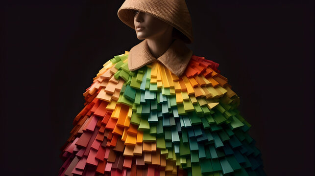 Model mit futuristischem Kleid in Pixeloptik. Bunt