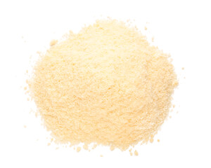 Heap of tasty grated Parmesan cheese on white background