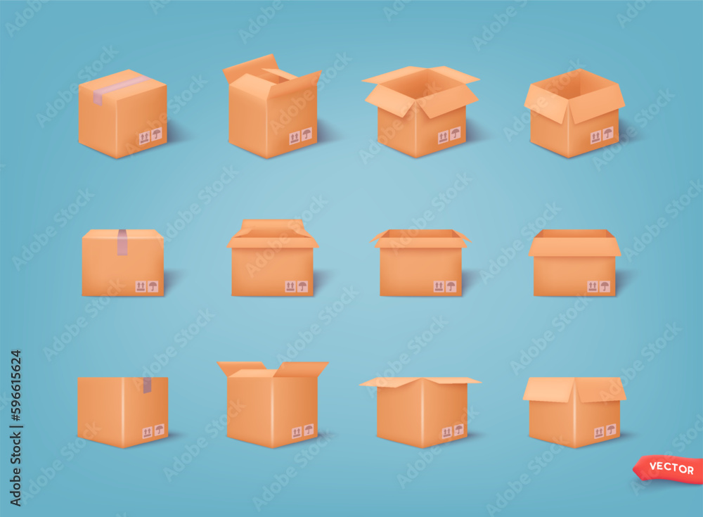 Poster white 3d boxes set isolated on a blue background. different shape cartoon boxes. vector decoration e