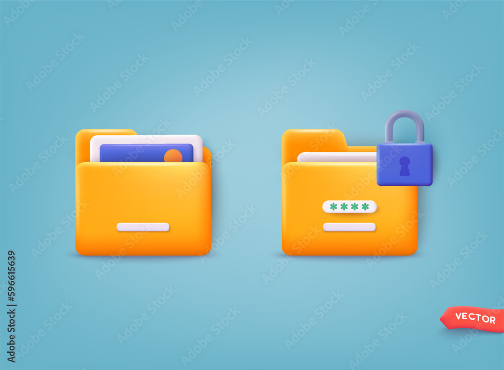 Poster digital file organization service or app with data transfering. 3d web vector illustrations.