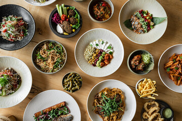 Superfoods, vegetables, fruits, seeds, legumes, nuts and grains for vegan and vegetarian eating. Clean eating. Detox, dieting food concept. Top view . dinner