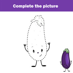 Complete the picture children educational game, coloring page. Kids activity sheet with eggplant. Printable drawing worksheet