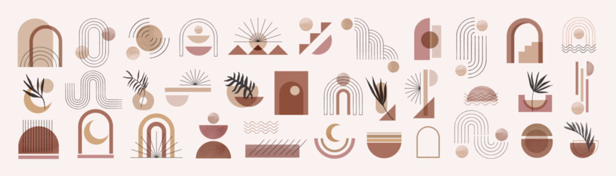 Hand drawn abstract minimal element mid century vector set. Aesthetic contemporary stripe line art, watercolor geometric shapes in earth tone. Art form design for wall art, decoration, wallpaper.