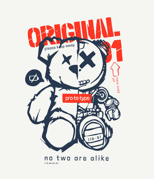 original slogan with cartoon bear doll half robot graphic vector illustration