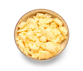 Bowl of tasty scrambled eggs isolated on white background