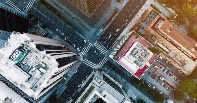 Downtown Los Angeles drone shot. Aerial of downtown Los Angeles in dawn, sunset in California, skyscrapers and office buildings. 