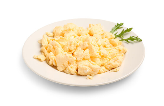 Plate Of Delicious Scrambled Eggs Isolated On White Background