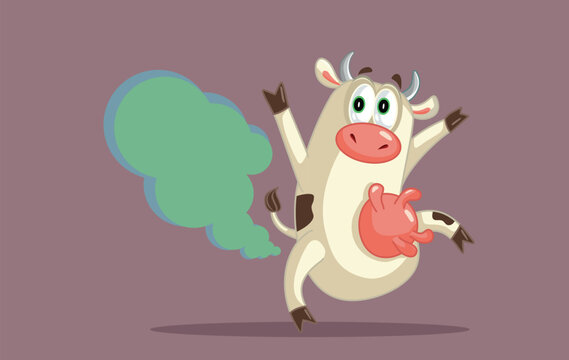 Funny Cartoon Cow Farting Vector Mascot Illustration. Livestock animal feeling gassy passing out flatulence gas 
