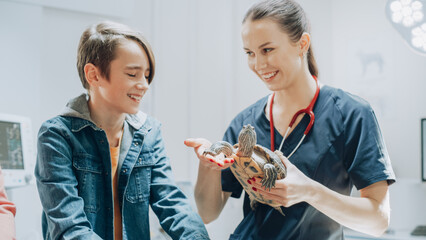 At a Modern Vet Clinic: Female Veterinarian Assesses a Pet Tortoise. Turtle's Young Owner Asking Questions About the Pet and Talks with the Vet that Shows How to Care For His Friend