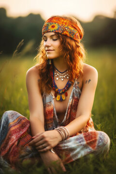 In a sunlit meadow, a radiant young woman adorned in '70s hippie attire and tribal jewelry perches atop vibrant grass. Her amber gems gleam as she exudes serenity. Generative AI