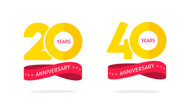 20 40 years anniversary badge jubilee birthday party label icon vector logo graphic, 20th and 40th celebration emblem set illustration golden yellow red image clipart