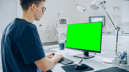 Veterinary Clinic Doctor Working on a Desktop Computer with Green Screen Mock Up Display
