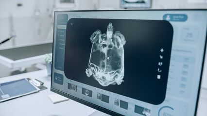 Desktop Computer Screen with Veterinary Clinic Online Medical Database Software with a Number of Pet X-Ray Scans. Digital Display with Information About the Pet