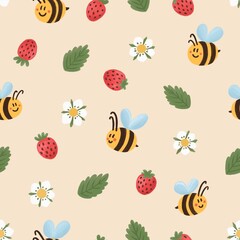 Seamless pattern with cute honey bees, with flowers and strawberries. Endless childish print design with happy funny honeybees