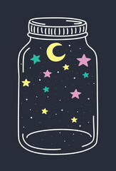 Vector illustration of crescent moon and stars in glass jar in doodle style