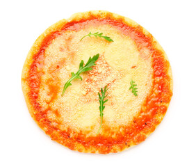 Tasty pizza with parmesan cheese on white background