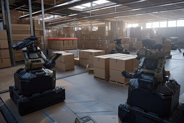 battlefield, with material handling and palletizing robots transporting supplies to soldiers, created with generative ai