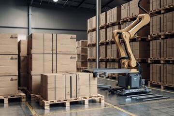 material handling and palletizing robot stacking boxes on pallet in warehouse, created with generative ai