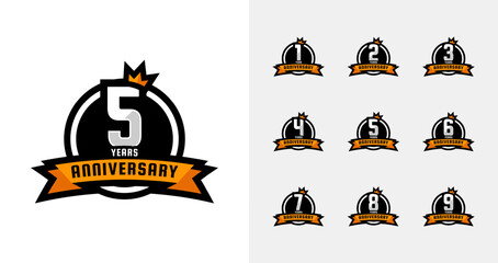 Anniversary badge logo collections. Birthday number for celebration moment with crown and ribbon icon