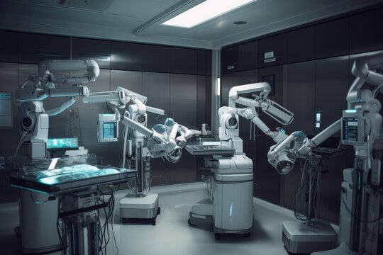 medical-robot carrying out complicated surgical procedure, with other medical robots assisting, created with generative ai