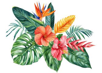 Fototapeta na wymiar Colored tropical flowers and palm leaves on isolated white background, watercolor botanical painting