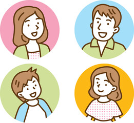 優しい色の4人家族の顔ステッカーセット
