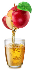 Glass of apple juice and juice pouring from red apple isolated on white background.