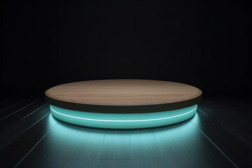 a wooden circular platform podium with a cyan neon light on dark background. Created with Generative AI Technology