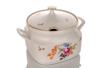 Single old porcelain soup bowl, macro, isolated on white background.